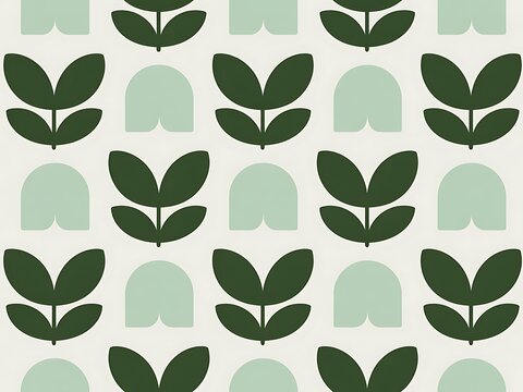 Retro mid century modern floral pattern with green leaves and blue shapes