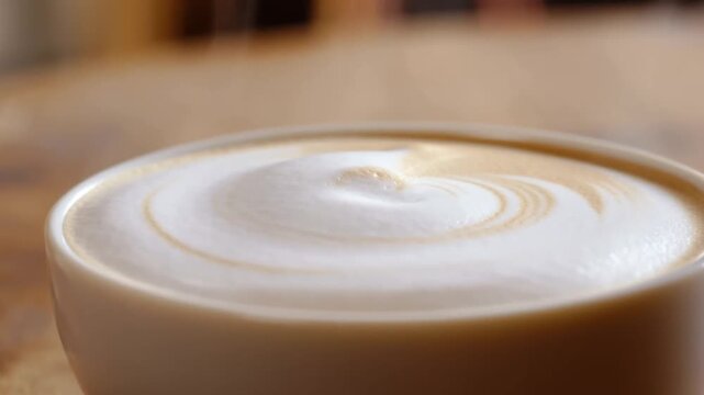 A Close-up view of the foamy top of a creamy latte with detailed patterns Stock Video