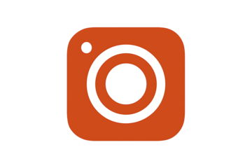 Vibrant orange mobile application badge with camera lens motif, glossy 3D emblem isolated on transparent background