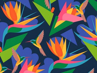 Obraz premium Vibrant tropical bird of paradise flowers and hummingbirds pattern