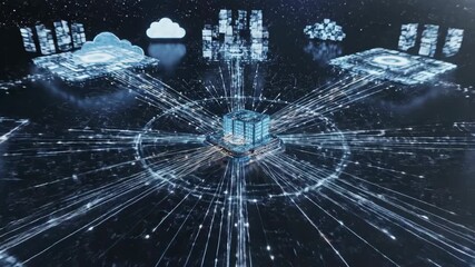 Futuristic global communication concept: a vibrant blue digital technology network with glowing lines connecting points on an abstract earth globe, suggesting immense energy in space - Powered by Adobe