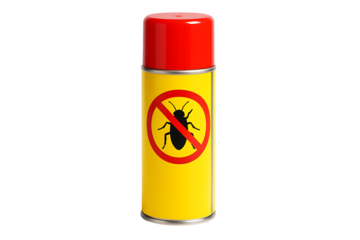 Yellow insecticide spray can with red cap and crossed‑out cockroach symbol, pest control product isolated on white