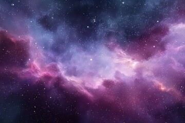 Naklejka premium Cosmic Nebula with Purple and Blue Hues Shimmering Stars in Space Background Dark Starfield Ethereal Celestial Clouds Universe Filled With Countless Stars
