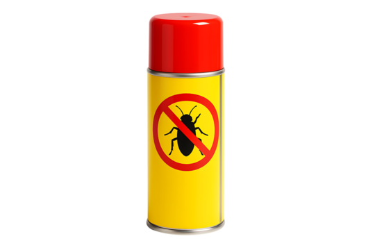 Yellow insecticide spray can with red cap and crossed‑out cockroach symbol, pest control product isolated on white
