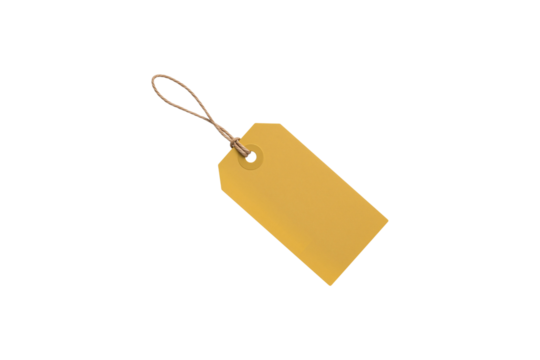 Blank yellow price tag with a string, isolated on transparent background, png