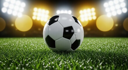 Soccer ball on grass field under stadium lights