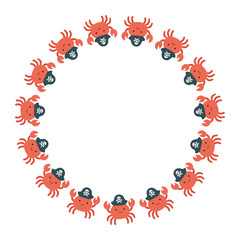 Simple Frame with pirate crab pattern forming cheerful marine circle, cute crabs in pirate hats repeating playfully, Simple Frame ideal for ocean themes, kids decor and adventure designs.
