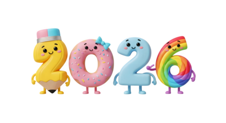 Cute 3d cartoon numbers 2026, colorful happy new year concept