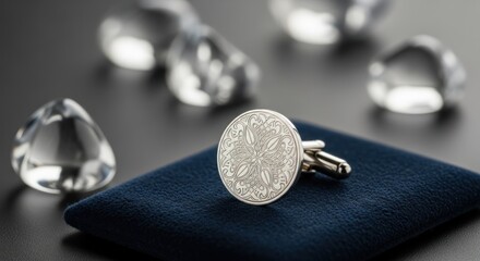Elegant cufflink on display with decorative elements and soft lighting