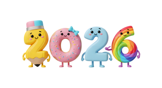 Cute 3d cartoon numbers 2026, colorful happy new year concept