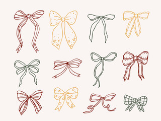 Hand drawn whimsical doodle bows set. Festive elements