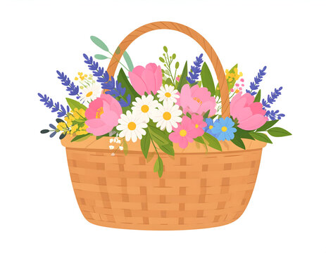 AI-generated image of Illustrated flower basket with checkered weave and assorted spring blooms in vibrant colors. An artistic illustration of a light brown woven basket with a checkered pattern