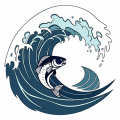 A fish jumping out of a large blue ocean wave isolated on