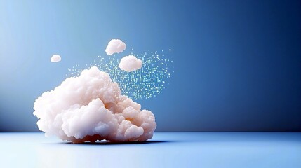 A large, textured white cloud sits on a light blue surface, with smaller clouds and a cluster of digital data particles floating behind it against a gradient bl