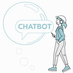 Woman wearing headphones with speech bubble saying chatbot isolated on