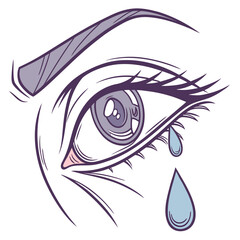 Close up of a crying eye with a tear drop isolated on