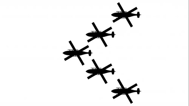 Five Helicopters Formation Flight to The Left Animation on White Background.