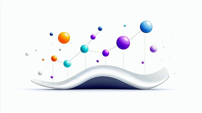 Colorful spheres connected by lines ascend over a white wavy platform, symbolizing progress and data visualization.