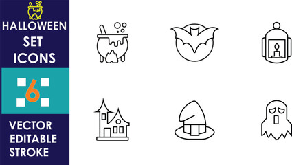 Minimalist Halloween icon set featuring cauldron, bat, lantern, haunted house, witch hat and ghost, presented with clean editable stroke style on white background design