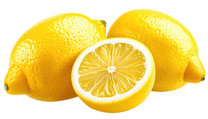 Three bright yellow lemons, one halved, showing juicy pulp