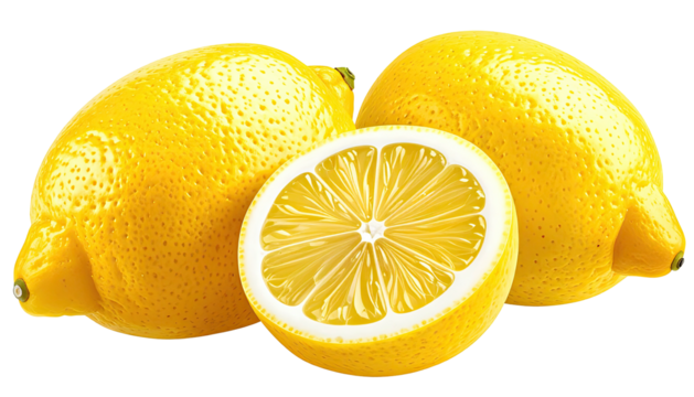 Three bright yellow lemons, one halved, showing juicy pulp