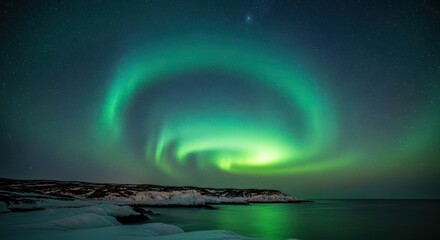 Naklejka premium Vibrant aurora borealis displaying swirling green lights over landscape
