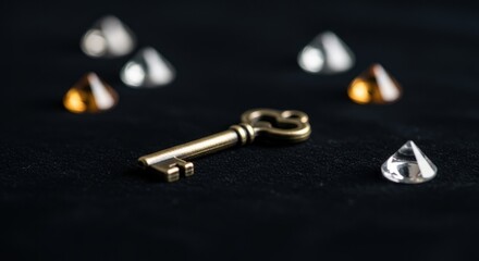 Vintage key and gemstones on black background concept of access and value