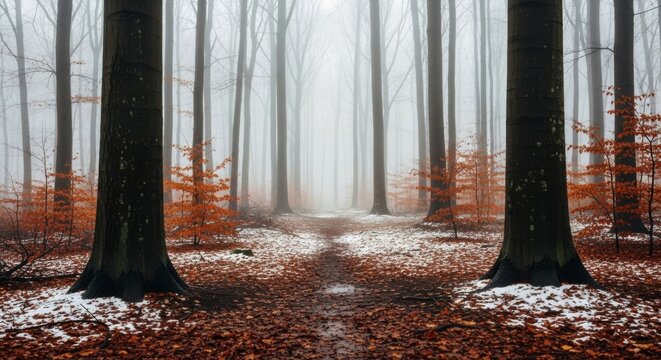 A misty forest path covered in fallen leaves and a dusting of snow, with bare trees and hints of autumn color - Powered by Adobe