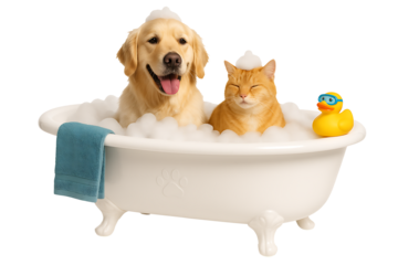 Adorable pets bath time, happy dog and relaxed cat with foam hats in tub, veterinary grooming and home care