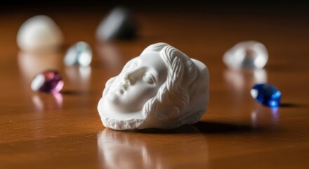 Close up of a sculpted head surrounded by various colorful small objects