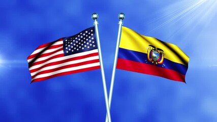USA and Ecuador Flag Waving On Pole Loop