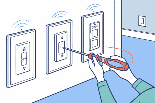 Professional electrician installing smart home lighting controls with screwdriver, upgrading to modern wireless automated dimmers, safety first