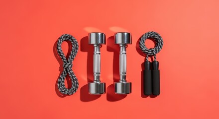 Fitness equipment on red background: dumbbells and jump ropes