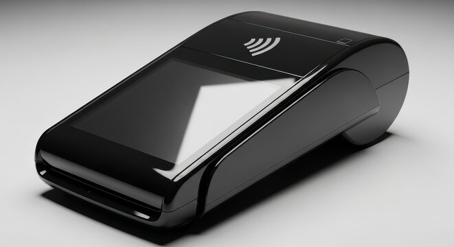 Sleek black contactless payment terminal on gray background