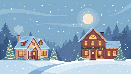 Fototapeta premium Peaceful Winter Night Scene with Two Festive Houses, Falling Snow, Full Moon, and Heart-Shaped Smoke
