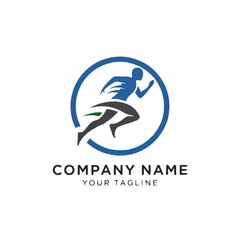Fototapeta premium Dynamic runner silhouette inside a blue circle representing speed and fitness.