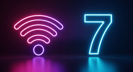 A vibrant neon sign illuminates the Wi-Fi 7 symbol, representing the latest in wireless internet technology