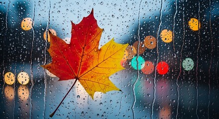 Autumn maple leaf on window with raindrops and city lights