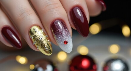 Luxurious Festive Manicure - Burgundy, Gold Snowflake, Ombre Glitter, Red Heart, and Bokeh Lights.
