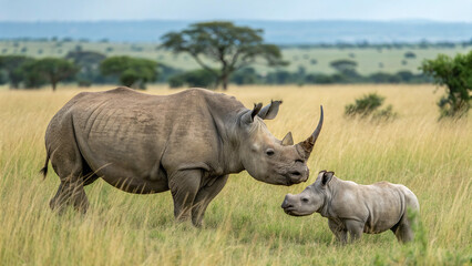 Fototapeta premium Rhinoceros Mother and Calf Bonding in African Savanna with Acacia Trees and Cloudy Horizon