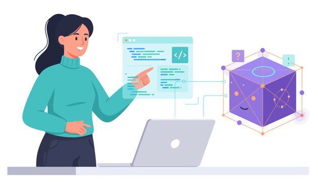 Female programmer engineering a complex system with a futuristic user interface for AI development