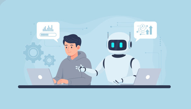 Human and robot collaborating on technology development, illustrating AI partnership and progress