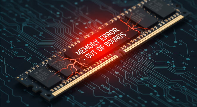 A close-up view of a RAM module with a 'Memory Error' message illuminated in striking red, against a backdrop of complex circuit board lines.  - Powered by Adobe