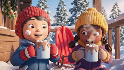 Two animated children enjoying hot chocolate on a snowy porch. - Powered by Adobe