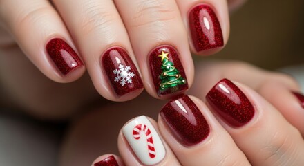 Festive Burgundy Nails - Christmas Tree, Snowflake, and Candy Cane Nail Art Design.