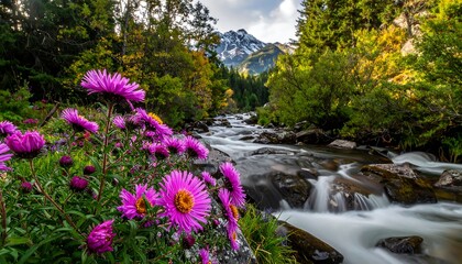 Scenic mountain river landscape with vibrant wildflowers in foreground.