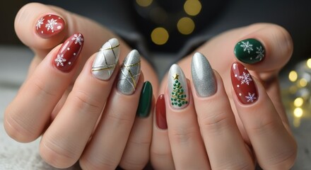 Festive Christmas Manicure with Intricate Snowflake and Tree Nail Art Against Bokeh Lights.