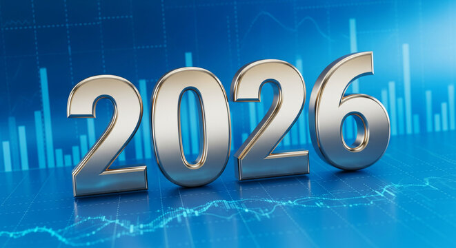 Silver 2026 numerals with financial graph background, future business concept