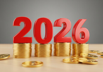 Year 2026 in red numbers atop stacks of gold coins, financial concept