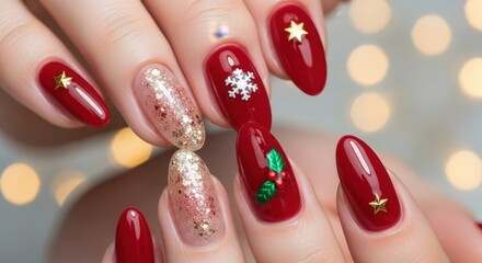 Festive Red and Gold Christmas Nails with Snowflake and Holly Accents.